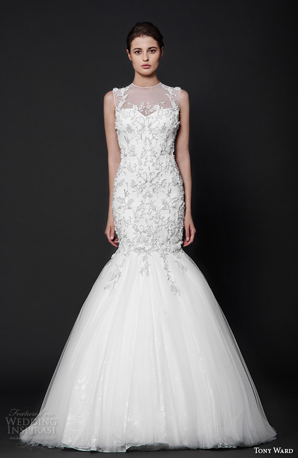 tony ward 2016 bridal illusion jewel neckline floral embroidery fit to flare mermaid wedding dress angelica