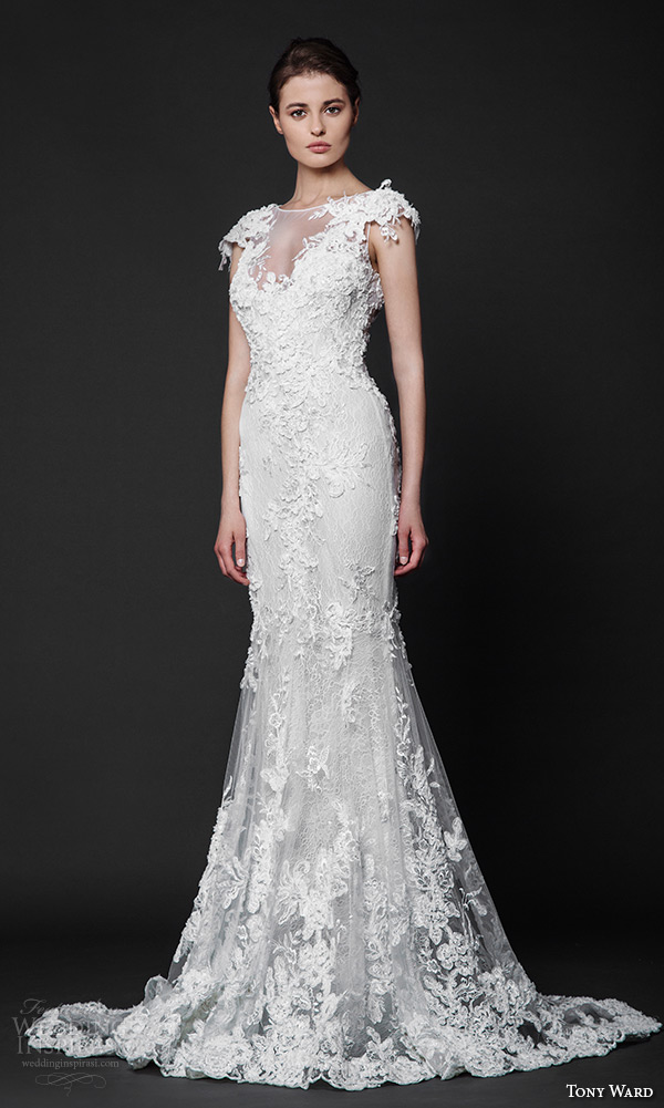 tony ward 2016 bridal lace floral cap sleeves sheer bateau neckline embroidery fit to flare trumpet wedding dress ida