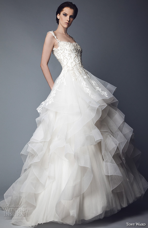 tony ward 2016 bridal off the shoulder beaded bodice horse hair trimmed layered wedding ball gown dress tendre nuage 2