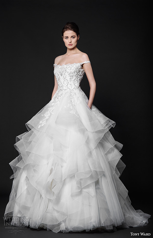 tony ward 2016 bridal off the shoulder beaded bodice horse hair trimmed layered wedding ball gown dress tendre nuage