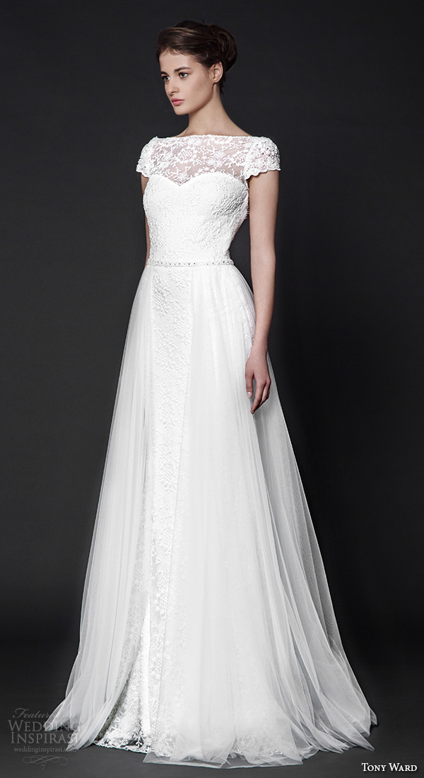 tony ward 2016 bridal off the shoulder neckline cap sleeves lace modified a line wedding dress nightshade