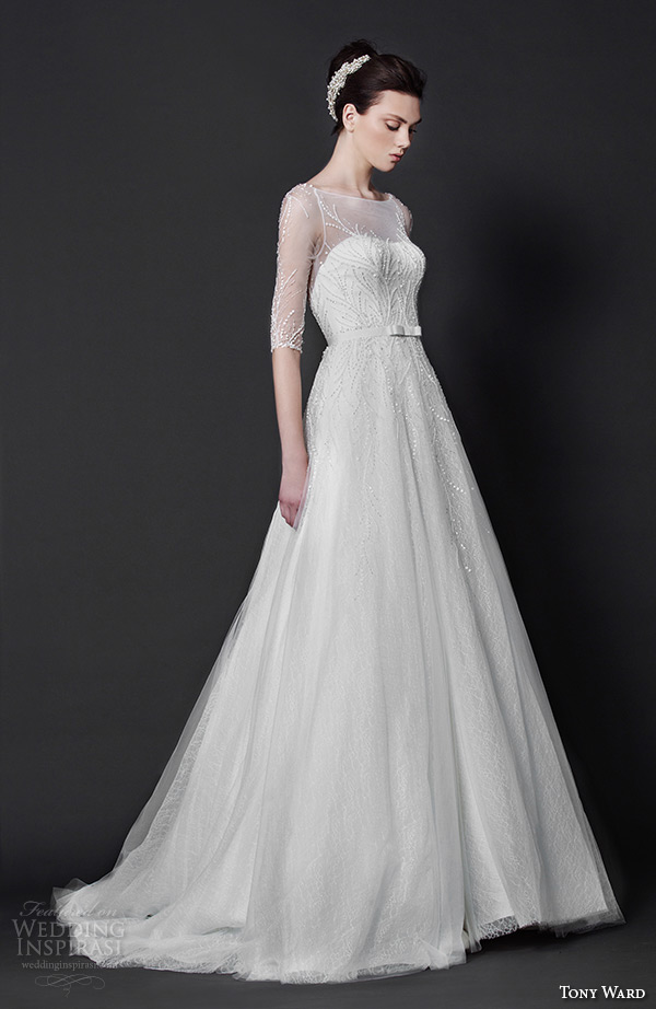 tony ward 2016 bridal sheer bateau neckline half sleeveless a line wedding dress with belt myrtle