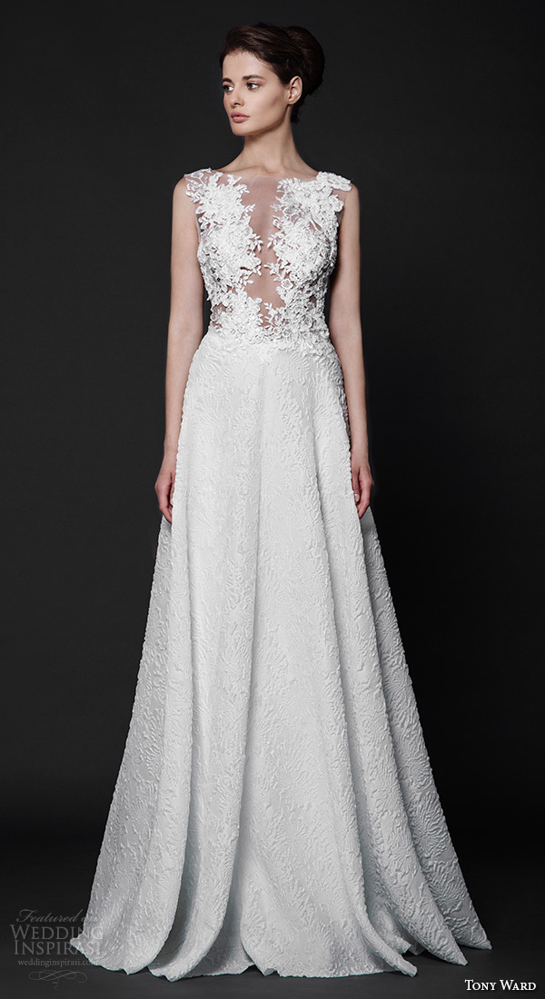tony ward 2016 bridal sleeveless plunging neckline lace embroidery modified a line wedding dress