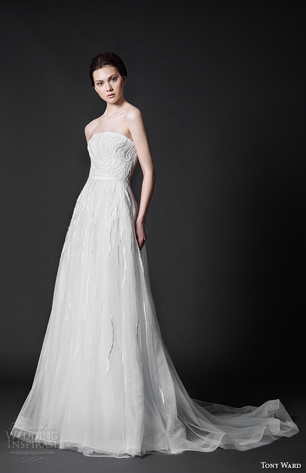 tony ward 2016 bridal strapless straight across neckline modified a line wedding dress sunflower