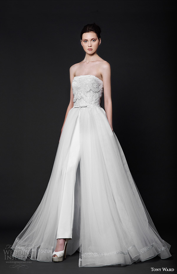 tony ward 2016 bridal strapless straight across neckline pants with a line overskirt alba