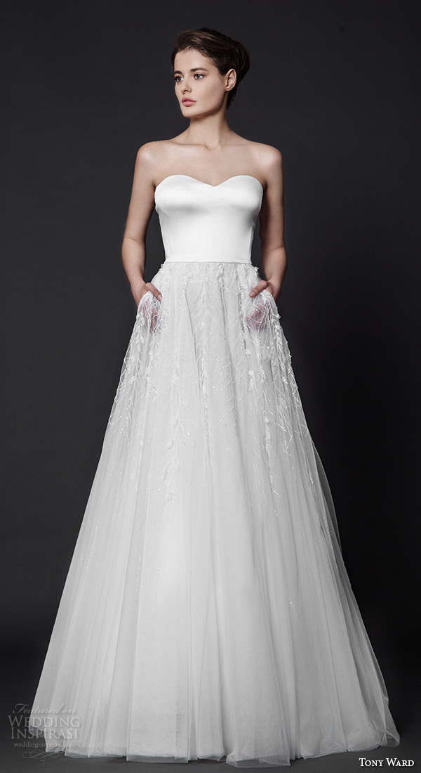 tony ward 2016 bridal strapless sweetheart neckline modified a line wedding dress with pockets rosette