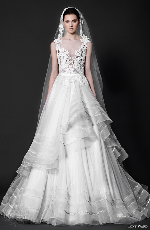 tony ward 2016 bridal v neck plunging neckline embroidery horse hair trim a line wedding dress complice