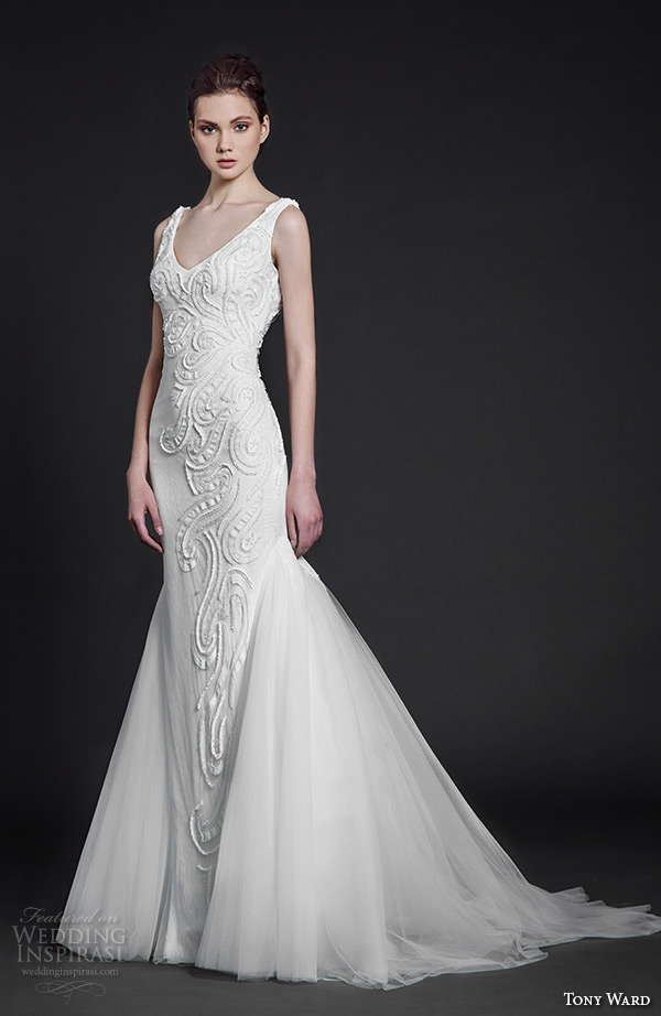 tony ward 2016 bridal v neckline filigree embroidery sheath wedding dress tulle mermaid overskirt poppy