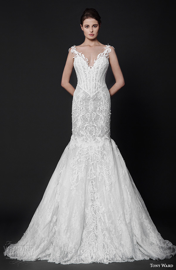 tony ward 2016 bridal v neckline lace cutout strap filigree embroidery fit to flare trumpet mermaid wedding dress attraction