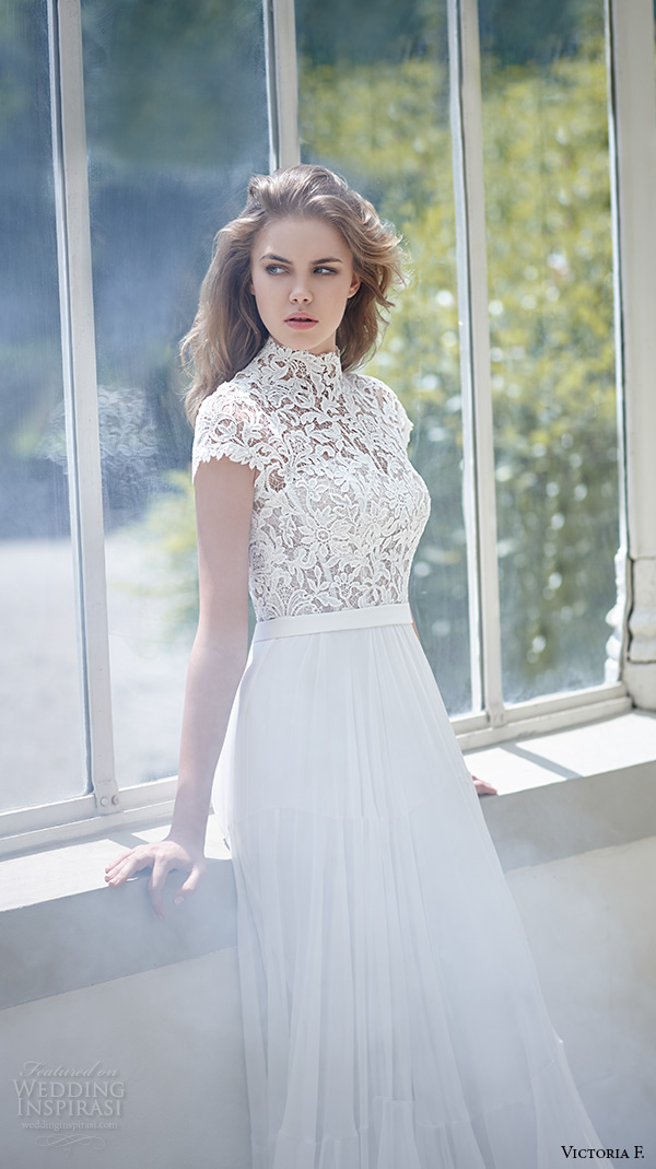 victoria f 2016 bridal high neck cap sleeves lace top with ribbon belt a line wedding dress