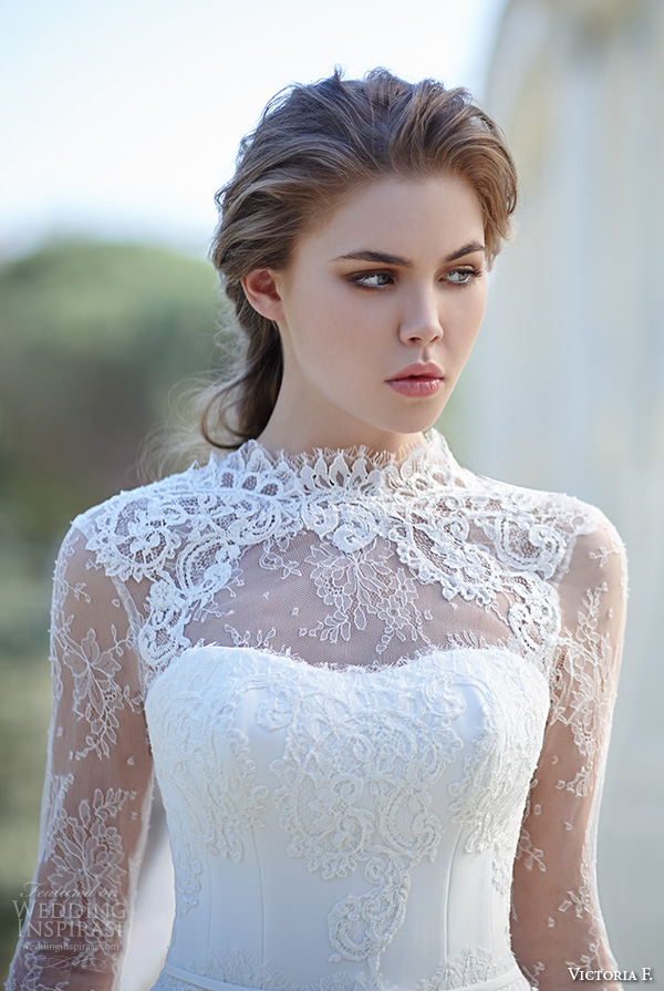 victoria f 2016 bridal high neck lace illusion neckline long sleeves sheath wedding dress closeup