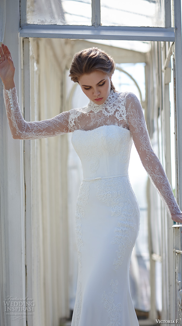 victoria f 2016 bridal high neck lace illusion neckline long sleeves sheath wedding dress front view