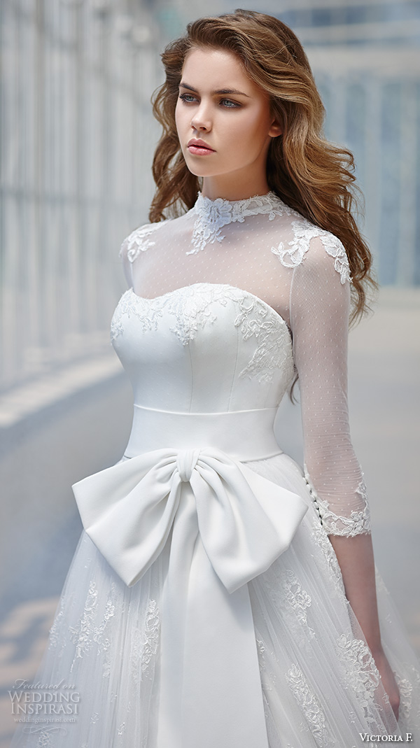 victoria f 2016 bridal high sheer neckline three quater sleeves romantic ribbon belt a line wedding dress front closeup