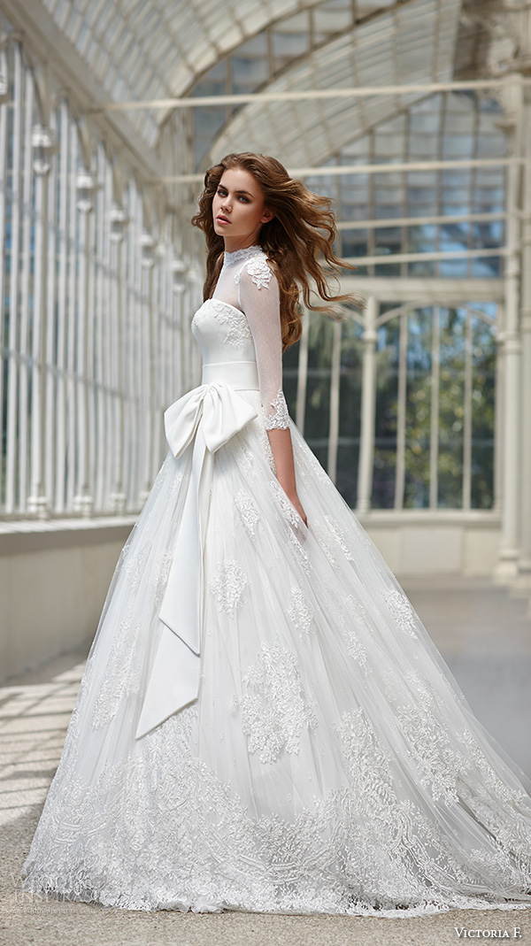 victoria f 2016 bridal high sheer neckline three quater sleeves romantic ribbon belt a line wedding dress