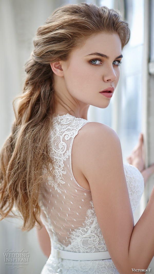 victoria f 2016 bridal lace strap semi sweetheart neckline ribbon belt high low short wedding dress back closeup victoria f 2016 bridal lace strap semi sweetheart neckline ribbon belt high low short wedding dress back closeup