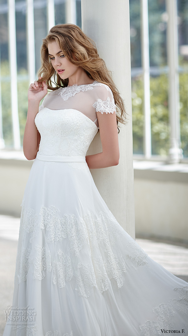 victoria f 2016 bridal short sleeves jewel illusion neckline a line wedding dress