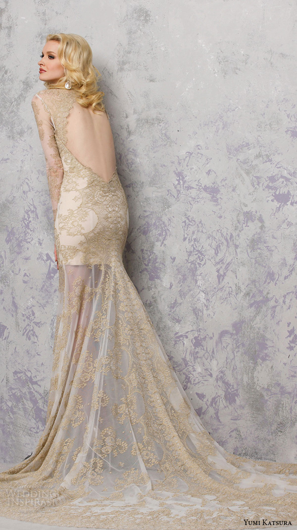 yumi katsura s2016 bridal long sleeves jewel neckline gold lace see through sheath wedding dress with chapel train behati back view yumi katsura s2016 bridal long sleeves jewel neckline gold lace see through sheath wedding dress with chapel train behati back view