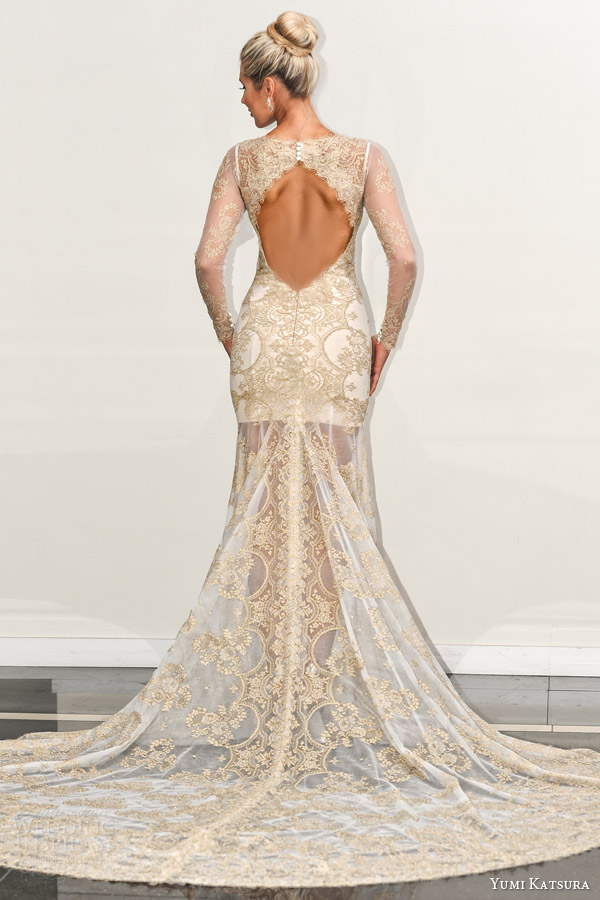 yumi katsura s2016 bridal long sleeves jewel neckline gold lace see through sheath wedding dress with chapel train behati runway back