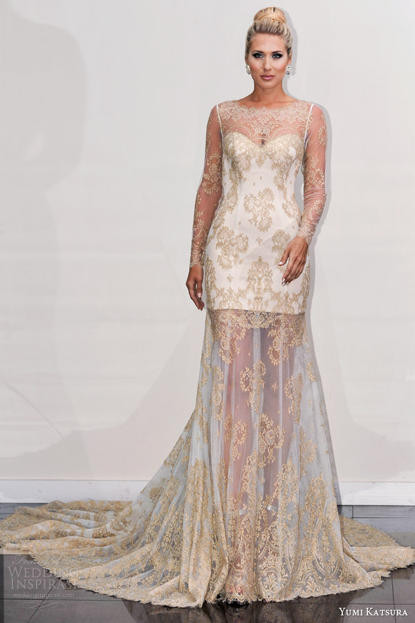 yumi katsura s2016 bridal long sleeves jewel neckline gold lace see through sheath wedding dress with chapel train behati runway yumi katsura s2016 bridal long sleeves jewel neckline gold lace see through sheath wedding dress with chapel train behati runway