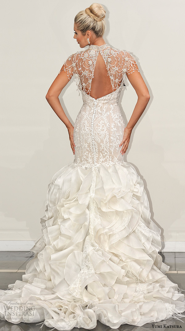 yumi katsura s2016 bridal strapless sweetheart neckline filigree lace champagne color off white mermaid wedding dress bethany with bolero runway back view yumi katsura s2016 bridal strapless sweetheart neckline filigree lace champagne color off white mermaid wedding dress bethany with bolero runway back view