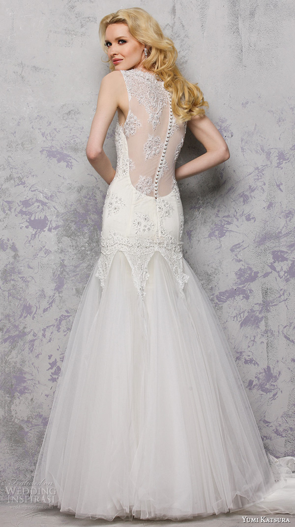 yumi katsura s2016 bridal sweetheart neckline with straps beaded bodice mermaid wedding dress lace back biron back view