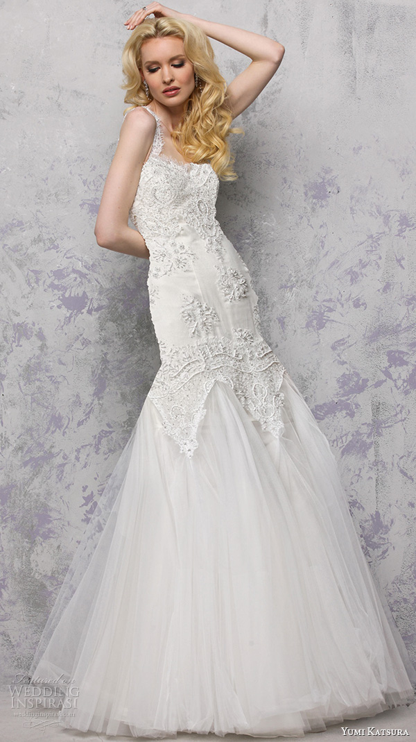 yumi katsura s2016 bridal sweetheart neckline with straps beaded bodice mermaid wedding dress lace back biron