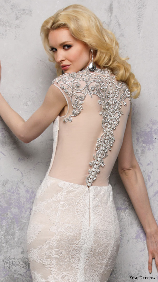 yumi katsura s2016 bridal sweetheart sleeveless jewel neckline with embroidery champagne color sheath wedding dress with train bhaga back view close up yumi katsura s2016 bridal sweetheart sleeveless jewel neckline with embroidery champagne color sheath wedding dress with train bhaga back view close up
