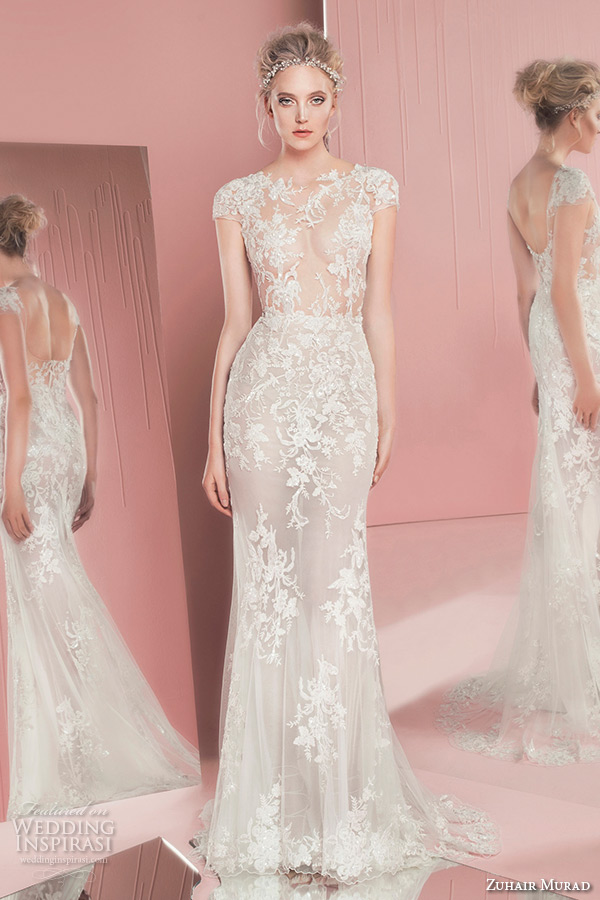 zuhair murad spring summer 2016 bridal jewel neckline cap sleeves lace embroidery white sheath wedding dress perla