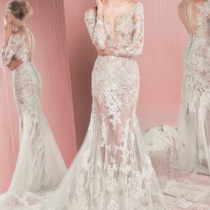 zuhair murad spring summer 2016 bridal long sleeves plunging neckline lace trumpet wedding dress patricia front view