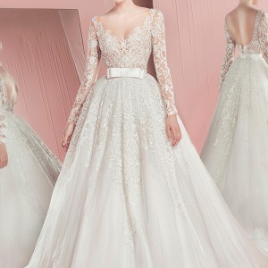 zuhair murad spring summer 2016 bridal long sleeves sweetheart neckline lace wedding ball gown overskirt penny