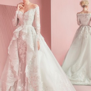 zuhair murad spring summer 2016 bridal off the shoulder long sleeves sheath wedding dress with overskirt ball gown train patsy