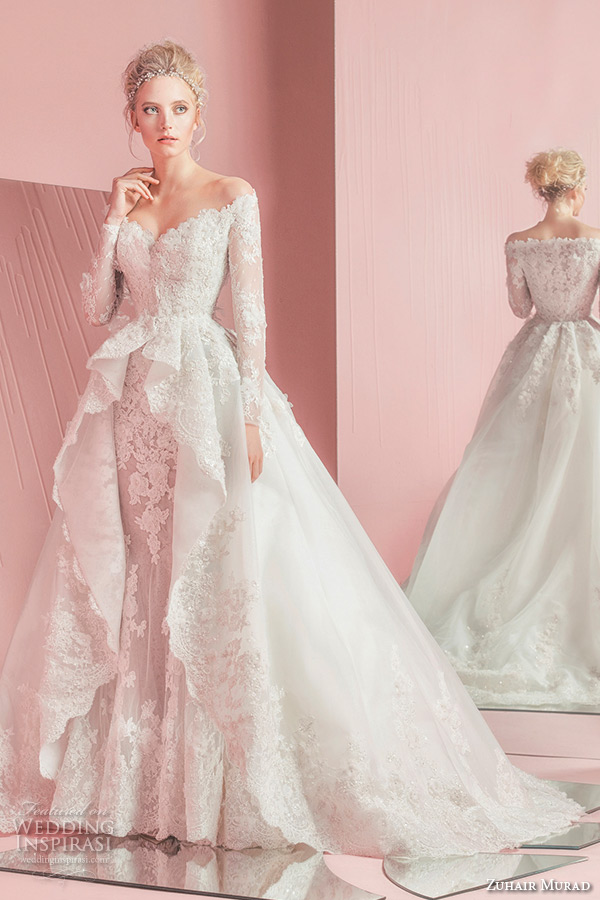 zuhair murad spring summer 2016 bridal off the shoulder long sleeves sheath wedding dress with overskirt ball gown train patsy