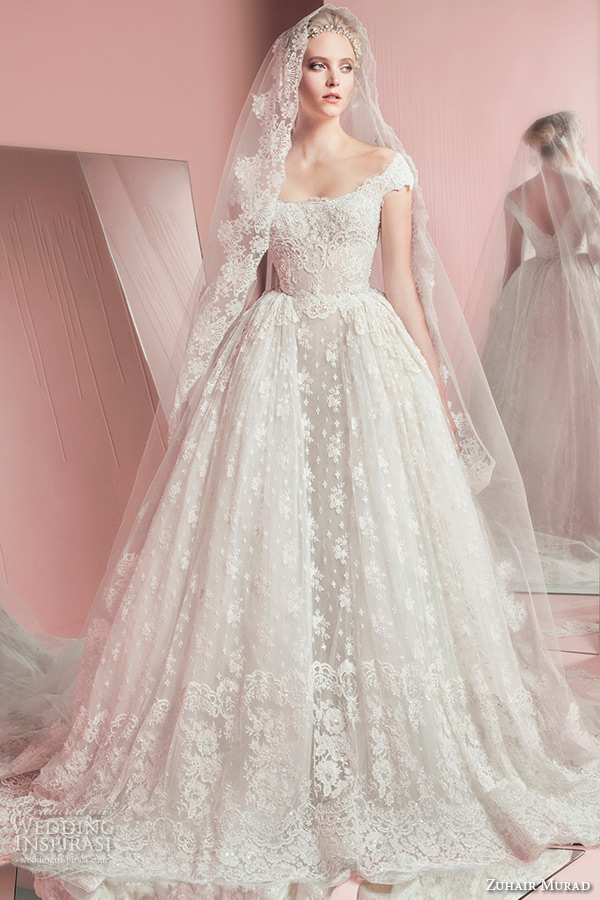 zuhair murad spring summer 2016 bridal scoop neckline cap sleeves lace wedding ball gown dress peggy with veil