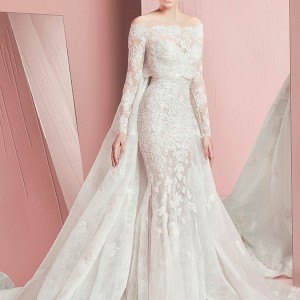 zuhair murad spring summer 2016 bridal strapless sweetheart neckline lace embroidery long sleeves bolero white sheath wedding dress petra with cape watteau train