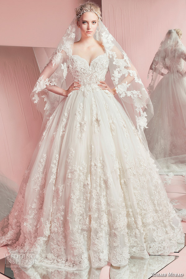 zuhair murad spring summer 2016 bridal strapless sweetheart neckline lace embroidery romantic white wedding ball gown dress with veil pam
