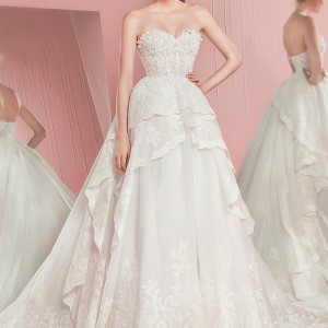 zuhair murad spring summer 2016 bridal strapless sweetheart neckline lace embroidery wedding ball gown dress pink