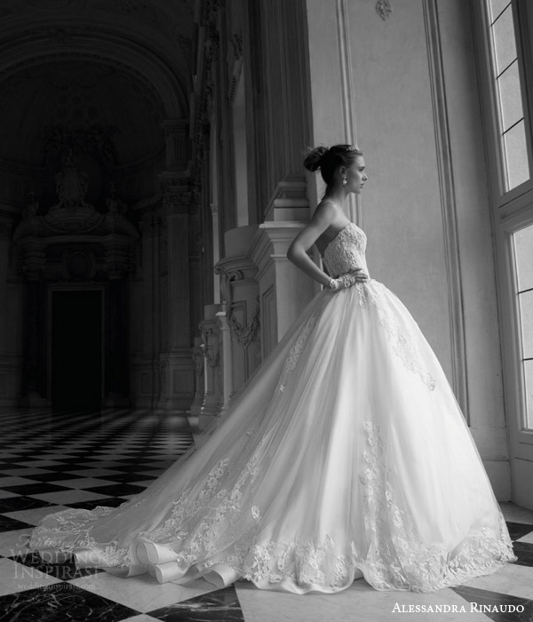 alessandra rinaudo 2016 bridal tina strapless ball gown gorgeous wedding dress sweetheart lace bodice side view voluminous skirt train
