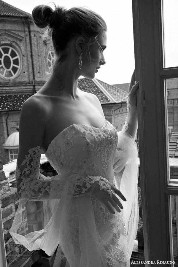 alessandra rinaudo bridal 2016 tianna strapless sweetheart lace wedding dress detached long sleeves close up beaded bodice