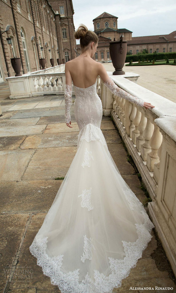 alessandra rinaudo bridal 2016 trudy strapless sweetheart sheath trumpet wedidng dress beaded lace detached illusion sleeves gloves back view train