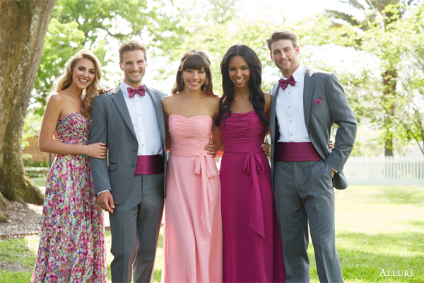 allure bridals bridesmaids bridesmaid gowns style 1440 1403 print pink purple steel gray tux