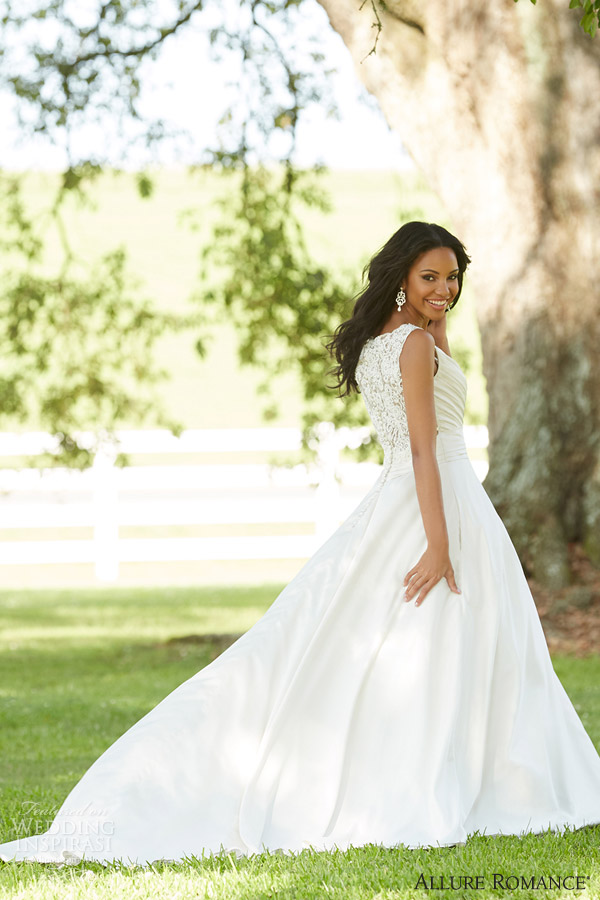 allure romance fall 2015 bridal 2865 sleeveless satin wedding dress lace panel back view