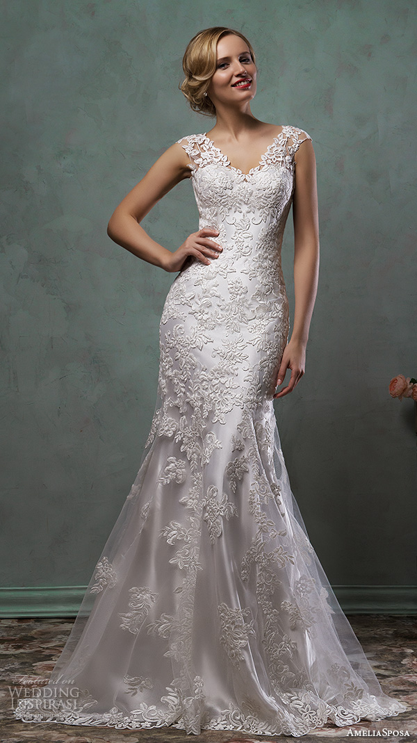 amelia sposa 2016 wedding dresses cap sleeves v neck lace embroidery stunning fit flare trumpet mermaid dress alba