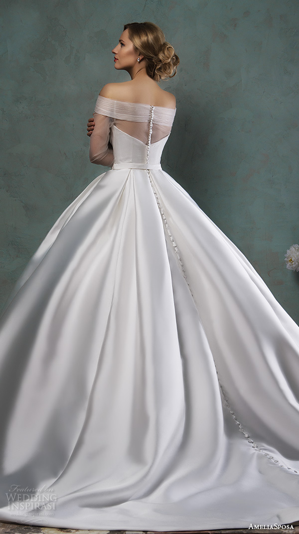 amelia sposa 2016 wedding dresses off the shoulder tulle neckline three quarter 3 4 sleeves beautiful satin a line ball gown dress paolina