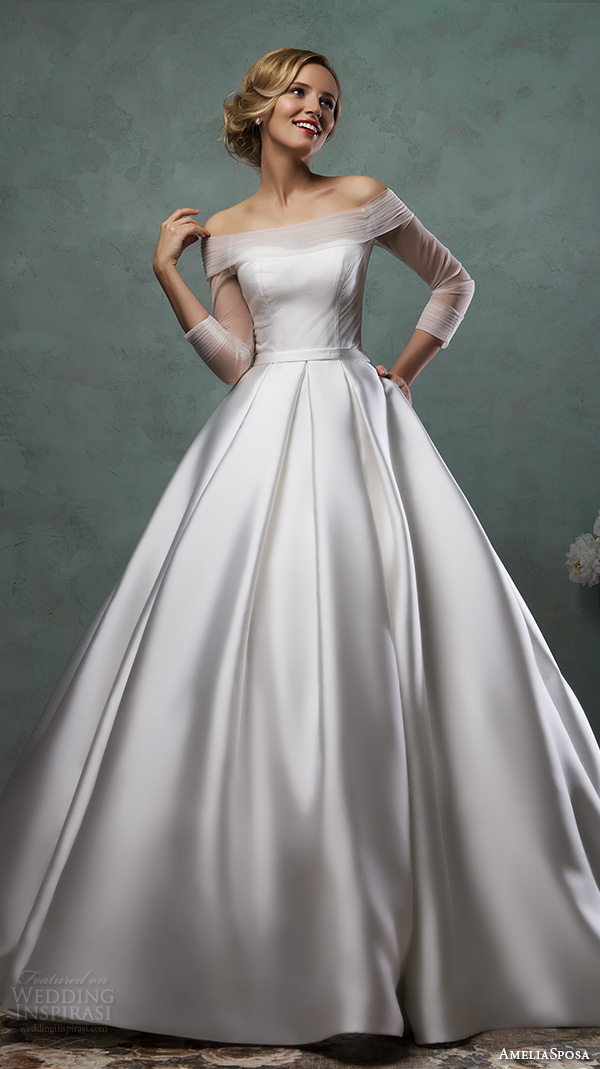 amelia sposa 2016 wedding dresses off the shoulder tulle neckline three quarter 3 4 sleeves satin a line ball gown dress paolina