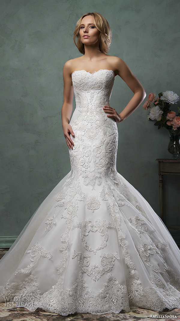 amelia sposa 2016 wedding dresses strapless scallop sweetheart neckline lace embroidery stunning trumpet mermaid dress emilia