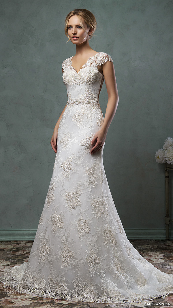 amelia sposa 2016 wedding dresses v neckline lace cap sleeves lace embroidery beautiful a line wedding dress donata