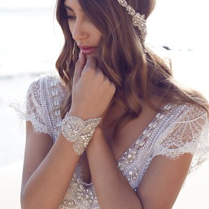 anna campbell 2015 bridal dresse cap sleeves scoop neckline beaded bodice romantic fit to flare mermaid wedding dress coco close up view