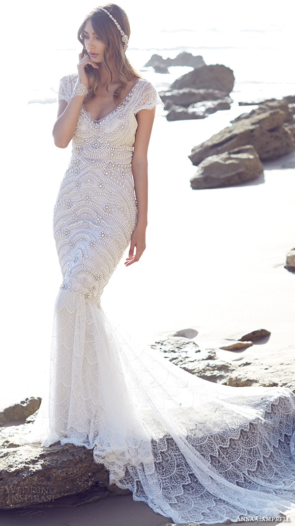 anna campbell 2015 bridal dresse cap sleeves scoop neckline beaded bodice romantic fit to flare mermaid wedding dress coco