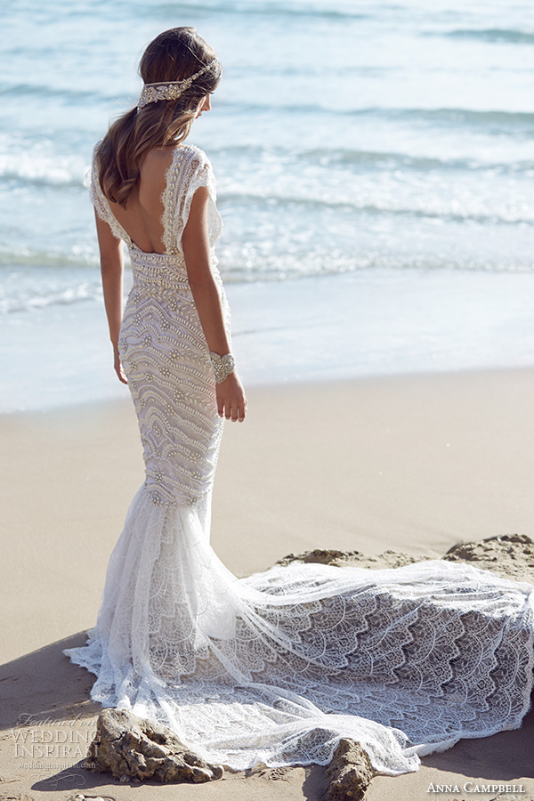 anna campbell 2015 bridal dresse cap sleeves scoop neckline beaded bodice stunning fit to flare mermaid wedding dress coco back view