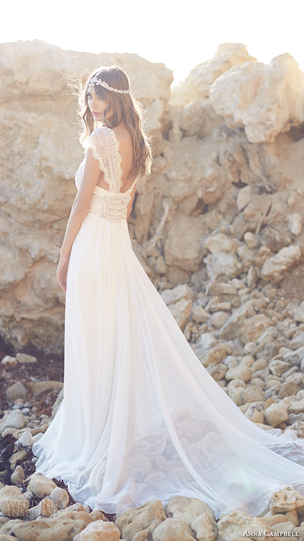 anna campbell 2015 bridal dresse cap sleeves scoop neckline beaded bodice stunning fit to flare mermaid wedding dress coco silk tulle back view